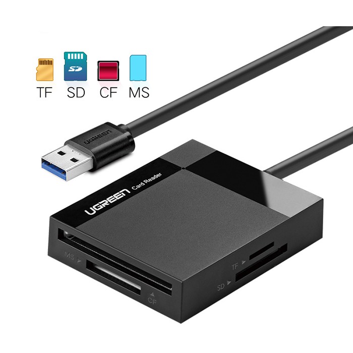 Đầu đọc thẻ nhớ SD/TF/CF/MS chuẩn USB 3.0 Ugreen 30229 Chính hãng CR125 màu đen