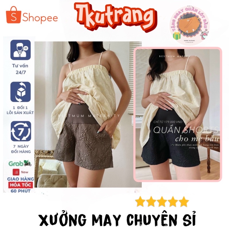🎁Quần bầu nữ dập nổi 3D xốp phồng hàng đẹp xinh xắn - Quần sooc bầu xốp hoa phối nhiều kiểu áo năng động -Mã Q508