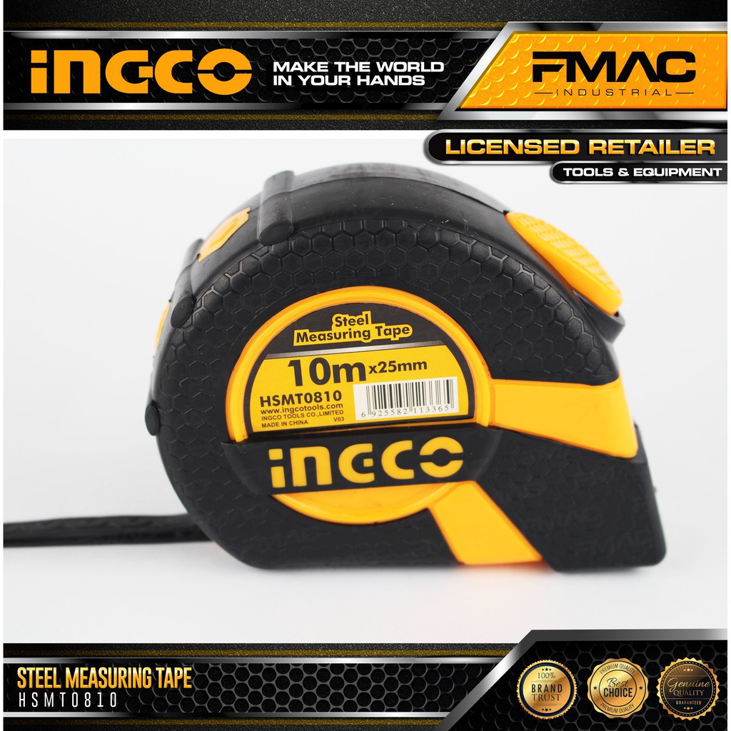 10 mét Thước kéo thước cuộn thép nền vàng 10m x 25mm Steel Measuring Tape INGCO HSMT0810