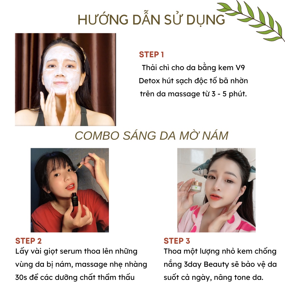 Combo Sáng Da Mờ Nám Tàn Nhang V9Queen - Mặt Nạ V9 Detox 30g, Serum 9Day Revival 10ml, Kem 3Day Beauty 10g