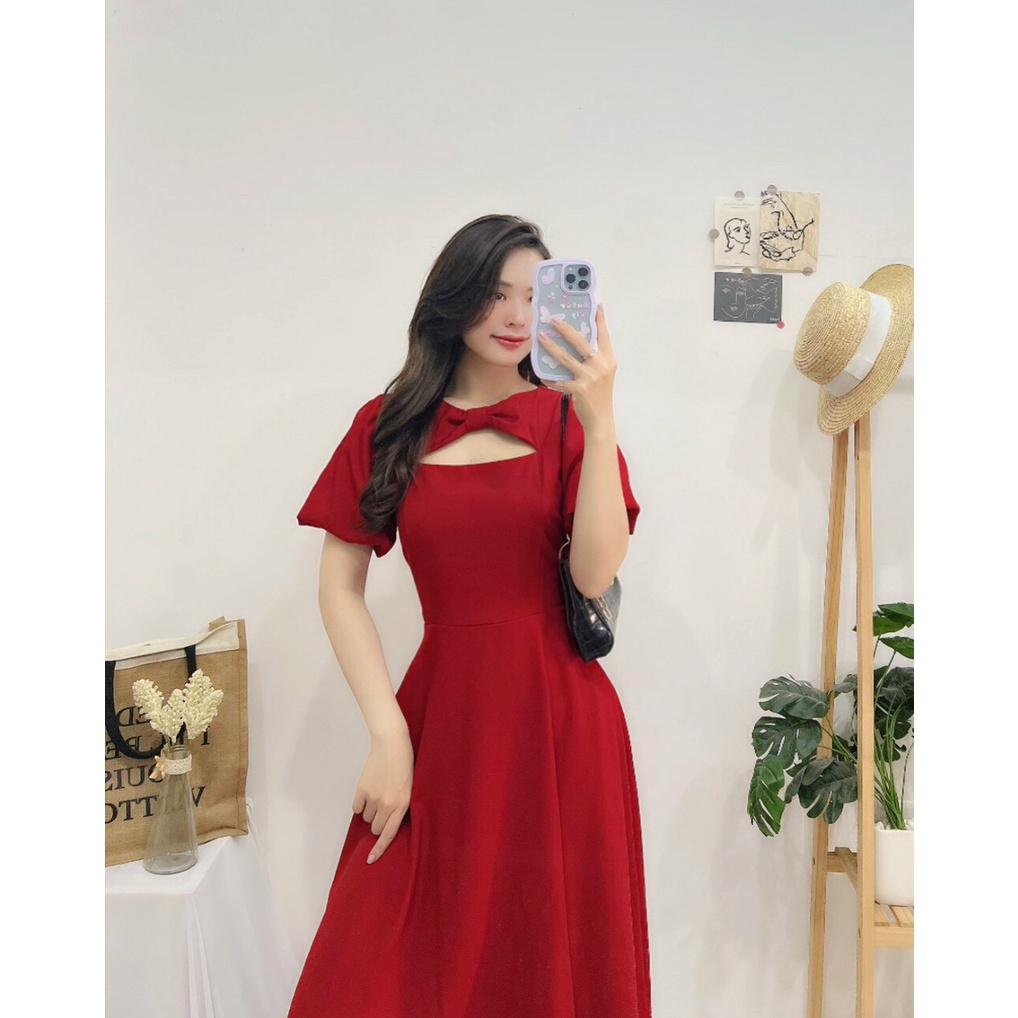 Đầm dự tiệc khoét ngực, Váy cổ yếm khoét ngực Cao Cấp dáng xòe tay ngắn nữ tính, đỏ trắng nude - MiNhi Đầm
