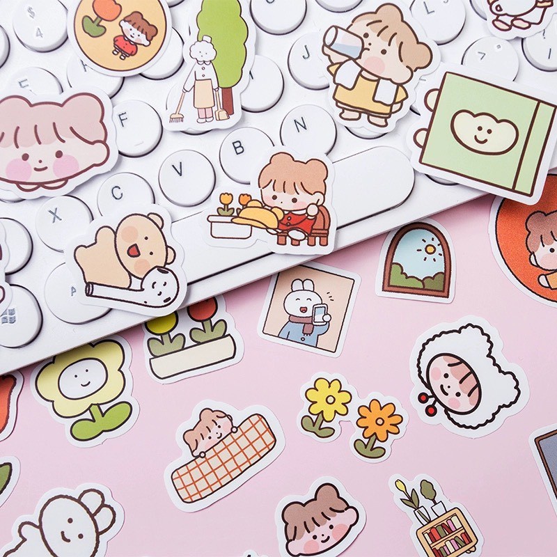 Sticker gói 50 miếng dán sổ, điện thoại mẫu bé gái trái đào, bé thỏ cute hoạt hình dễ thương