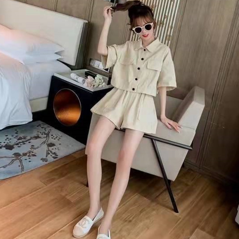 Phiên Bản Hàn Quốc Bộ Đồ Giản Dị 164505 Set Áo Sơ Mi Trơn Tay Ngắn + Quần Short Lưng Cao Dáng Rộng Trẻ Trung Năng Động