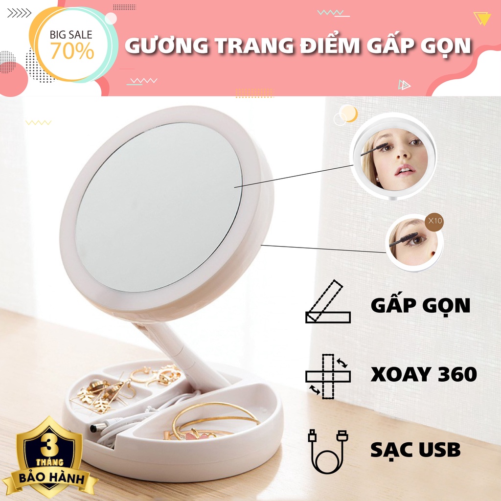 Gương Trang Điểm Gấp Gọn Để Bàn Có Đèn LED, gấp gọn gàng, sang trọng, hiện đại, tiện lợi, dễ dàng sử dụng