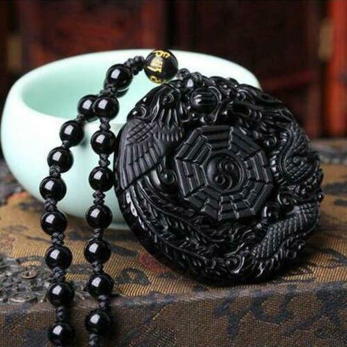 Vòng cổ Đá Obsidian Tự Nhiên Khắc Hình Rồng Và Phượng Hoàng Độc Đáo N7U4