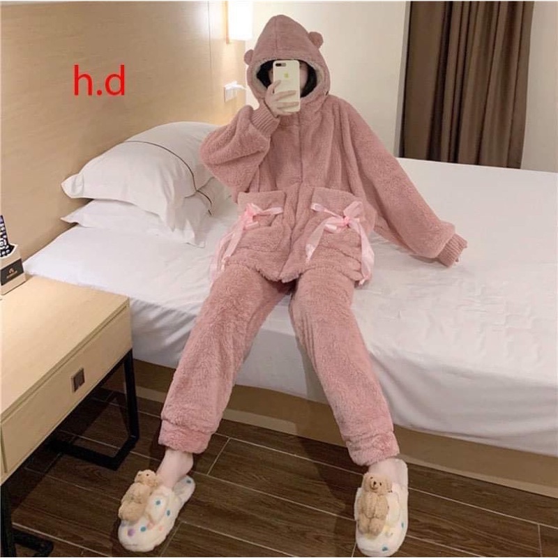 Sét bộ lông gấu tai thỏ siêu ấm mềm mịn mùa đông, bộ nữ phối thúi nơ Cute BN26. METSHOP