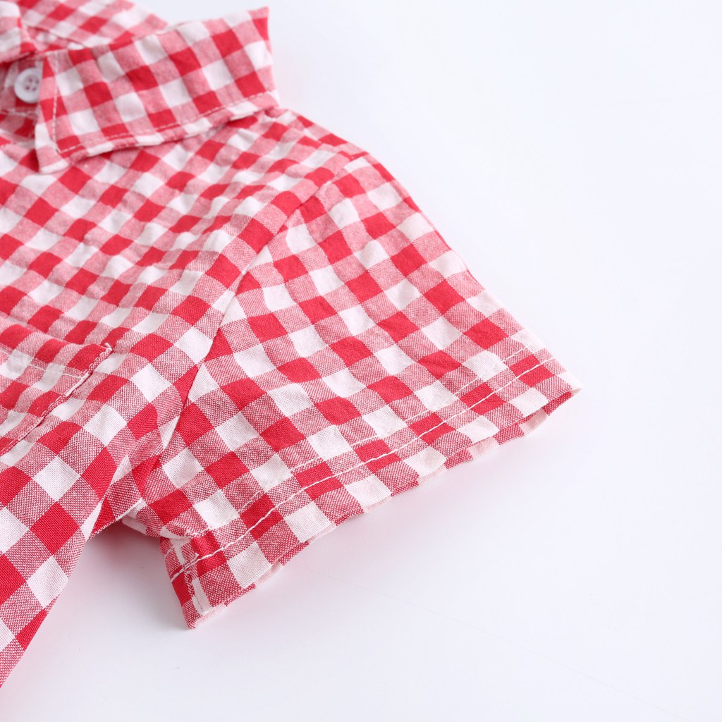 Áo liền quần ngắn Sanlutoz bằng cotton họa tiết ca rô phong cách mùa hè cho bé trai