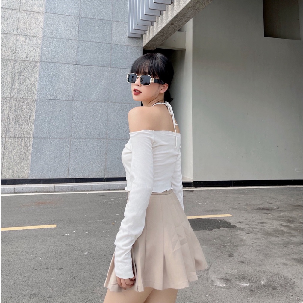 [HOT] Áo croptop nữ body dài tay bẹt vai cổ yếm hở vai Miami Vice