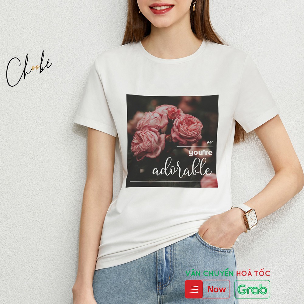 Áo phông nữ Choobe cộc tay Hoa Hồng thun cổ tròn form suông rộng vải cotton co giãn màu TRẮNG A13