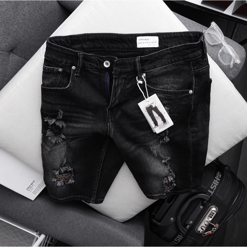 Quần Short Jean Nam Xám Đen Rách Hàng Hiệu Xuất Khẩu chất Bò Xịn co giãn