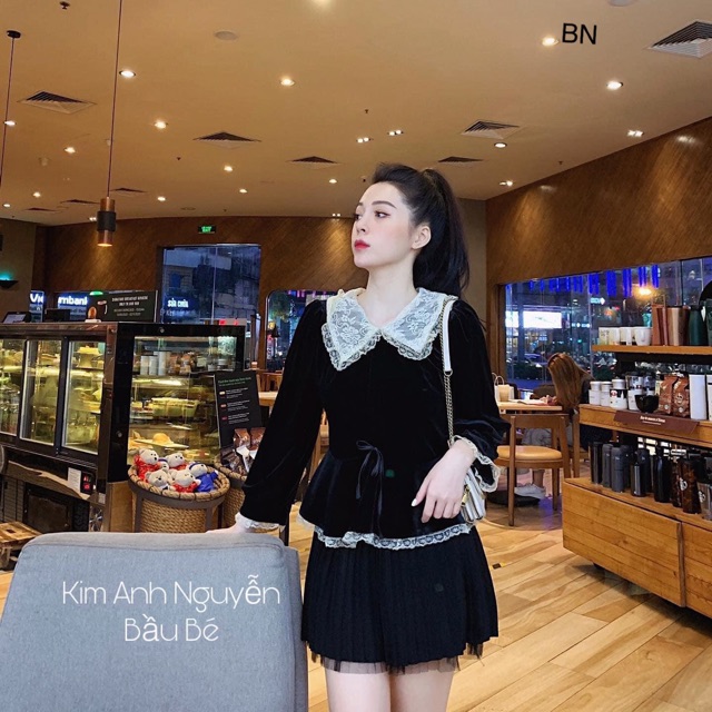 Áo peplum nhung cổ ren dài tay hàng quảng châu