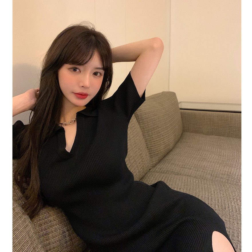 Đầm len body có cổ xẻ tà Ulzzang basic