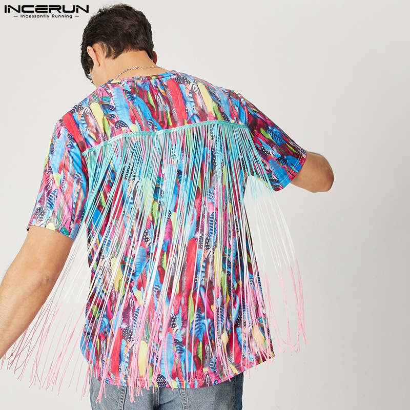 INCERUN Áo Thun Cổ Tròn In Họa Tiết Sau Lưng Phối Tua Rua Thời Trang Cho Nam