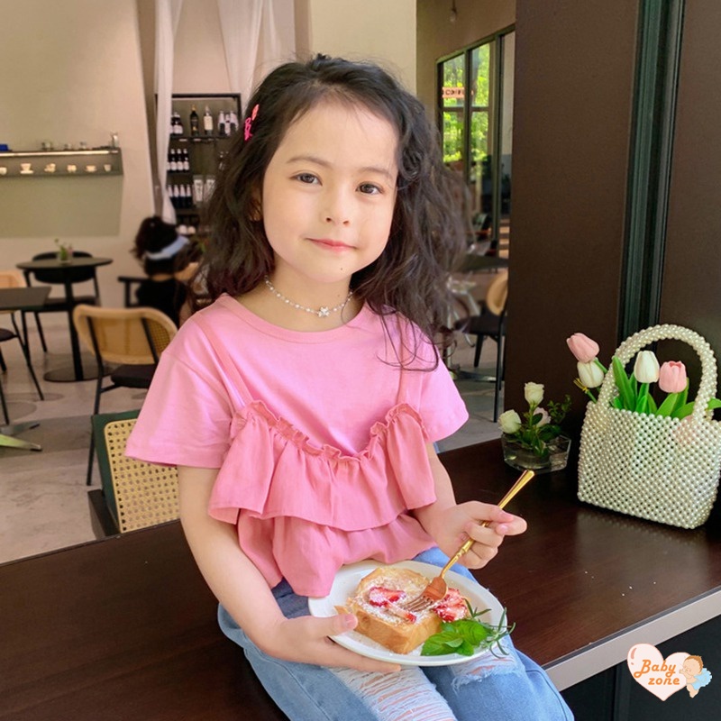 Áo Thun Tay Ngắn Giả Hai Lớp Phong Cách Hàn Quốc Cho Bé Gái