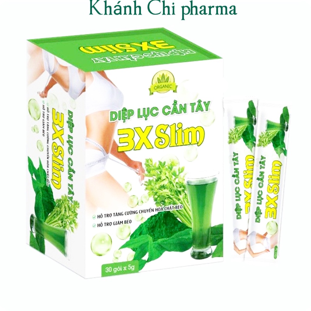Bột diệp lục cần tây 3x slim hộp 30 gói. Giúp làm đẹp da, hỗ trợ giảm béo, giảm cân hiệu quả.