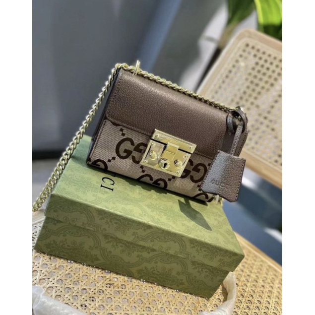 Túi xách nữ G.C PADLOCK sz20x14cm nắp nâu da bò mix họa tiết fullbox