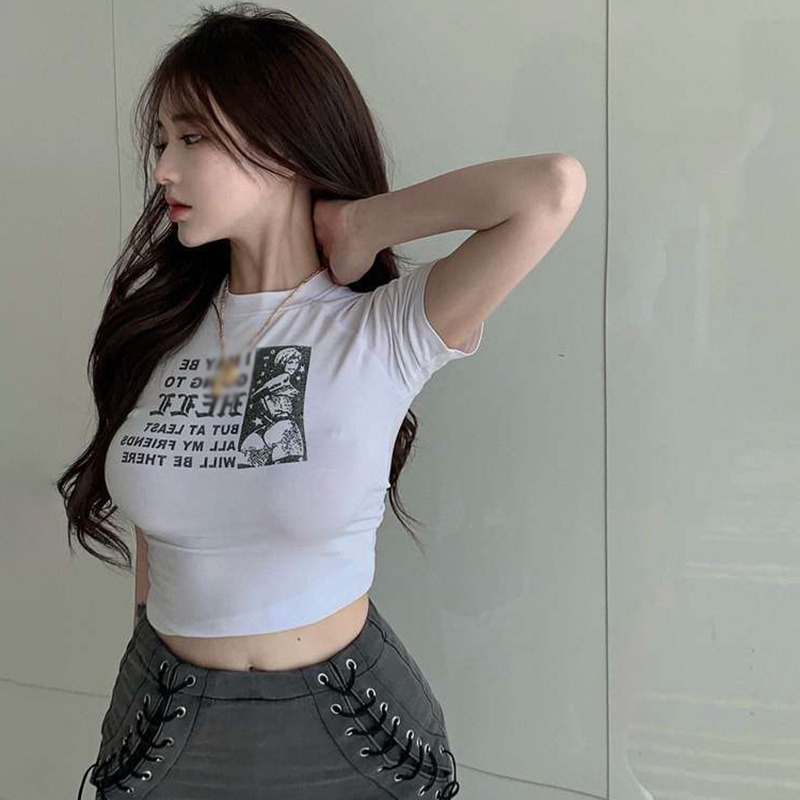 Áo thun ngắn tay cổ tròn in chữ gợi cảm thời trang mùa hè cho nữ