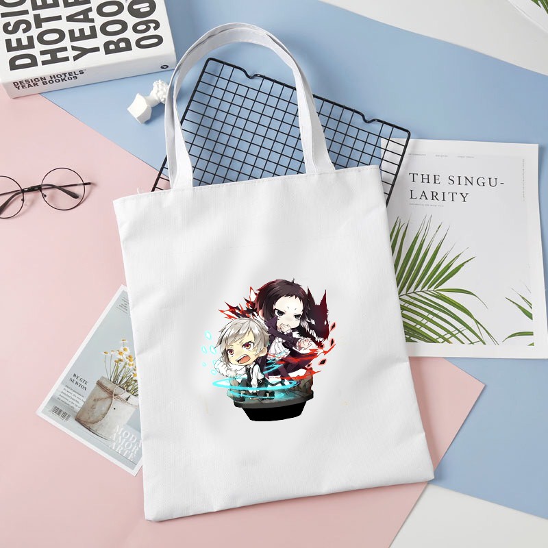 Túi tote vải trắng đeo vai in hình BUNGOU STRAY DOGS VĂN HÀO LƯU LẠC tiện lợi thời trang anime chibi