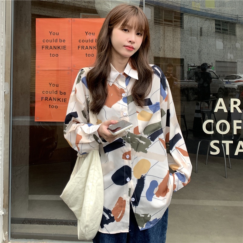 Áo Sơ Mi Dáng Rộng In Họa Tiết Đơn Giản Phong Cách Mùa Thu Mới Cho Nữ