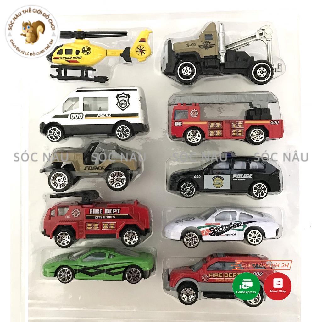 Hộp 10 xe ô tô sắt đồ chơi xe cứu hỏa, cảnh sát, quân sự, máy bay, xe tăng siêu bền cho các bé Sóc nâu thế giới đồ chơi