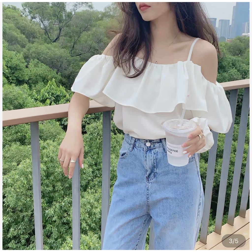 Áo 2 Dây Trễ Vai Kèm Dây Buộc Tóc Xinh Xắn