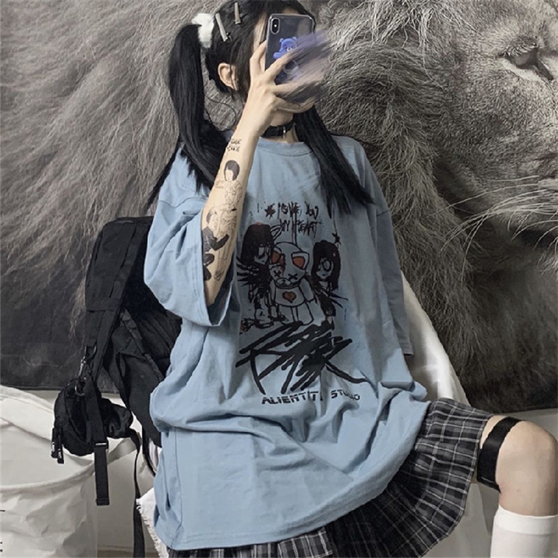 2021 new summer clothes Korean version ins Harajuku style long short sleeve t-shirt female loose net red blue top hip hop trend