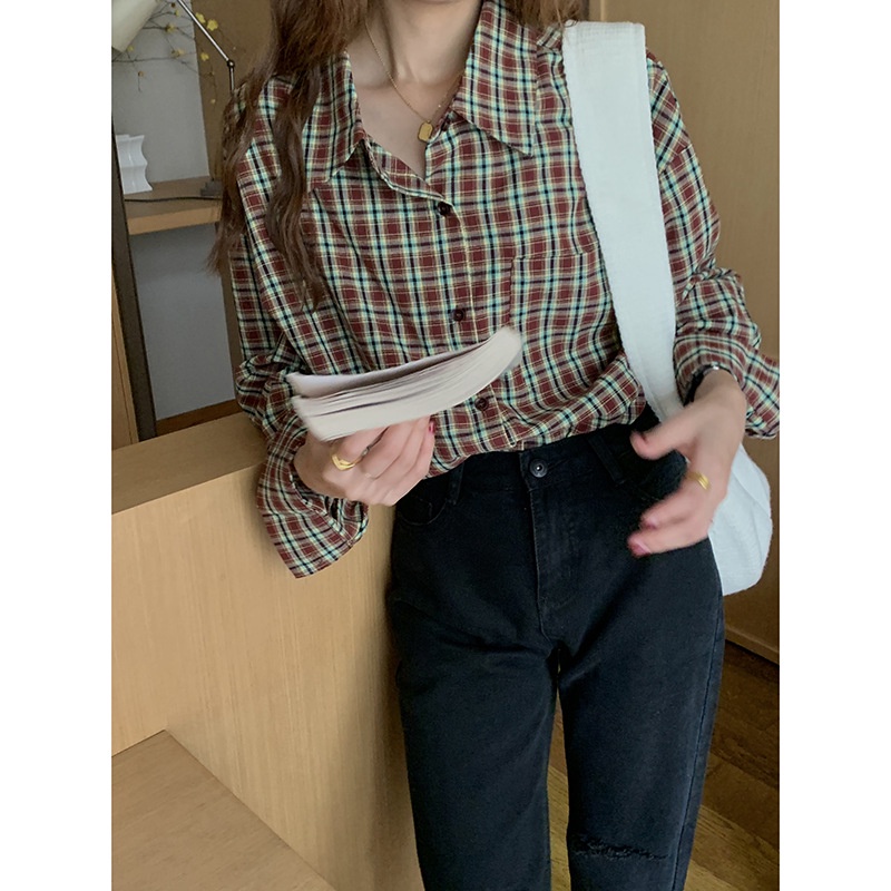 Áo sơ mi nữ Kẻ sọc caro dài tay Retro Cổ điển  Form rộng Sơ mi nữ Thu Đông Cao cấp Ulzzang Hàn Quốc Thời trang
