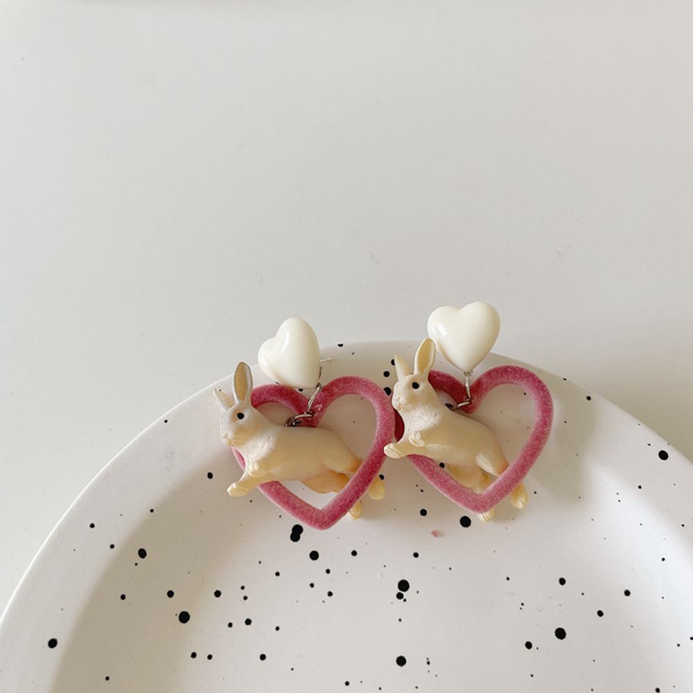 Khuyên tai ba chiều bằng nhựa resin hình thỏ trắng trái tim thời trang Harajuku Hàn Quốc cho nữ