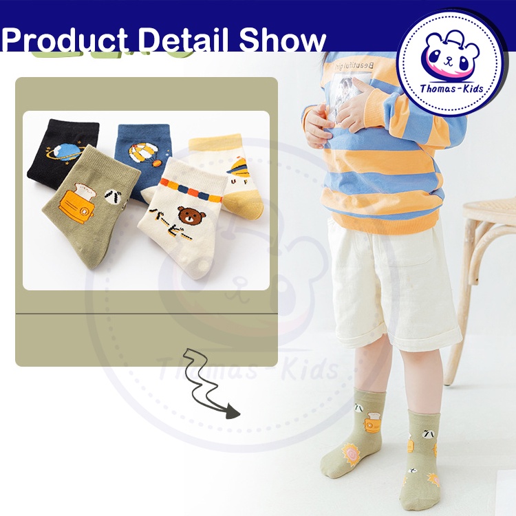 Set 5 Đôi Vớ Bằng Vải Cotton Thoáng Khí In Họa Tiết Hoạt Hình Đáng Yêu Cho Bé 1-15 Tuổi