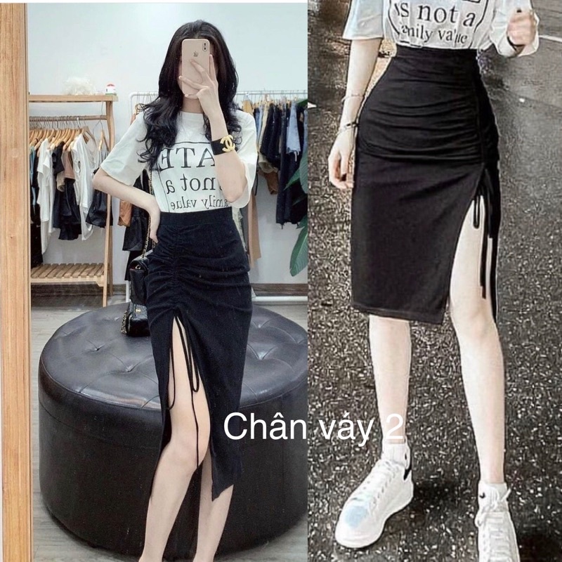 set áo bẹt vai nhún phối chân váy rút dây