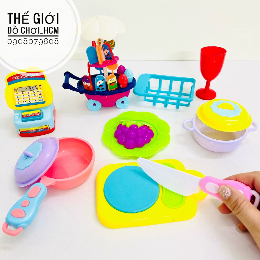 [TRỢ GIÁ-NHIỀU CHI TIẾT] Túi đồ chơi nhà bếp nấu ăn gồm XE KEM, chảo, nồi, kèm phụ kiện rau quả y hình dành cho bé