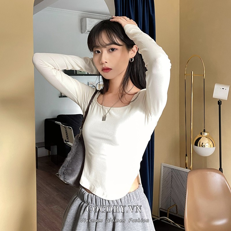 Cocory vn Áo crop top tay dài màu trơn dáng ôm xẻ quyến rũ cho nữ