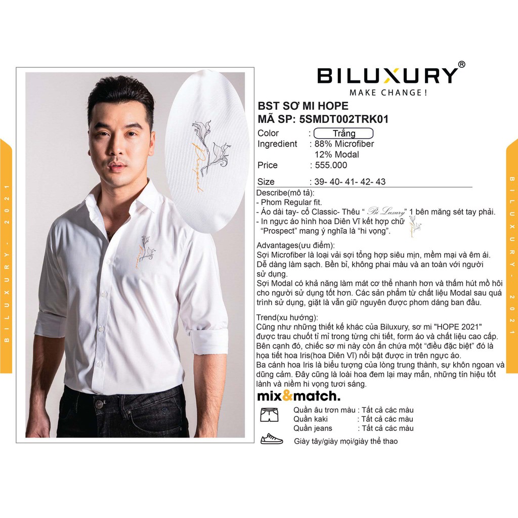 Áo sơ mi nam trắng dài tay Biluxury in ngực hoa diên vĩ đẳng cấp vải mềm mịn ít nhăn form chuẩn bodyfit 5SMDT002TRK | BigBuy360 - bigbuy360.vn