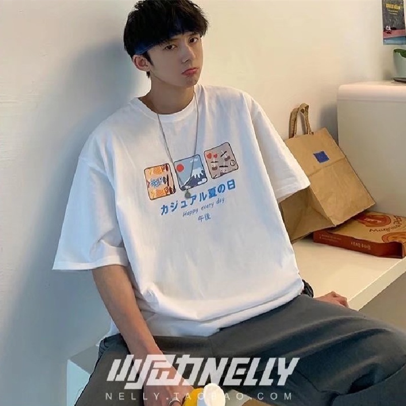Áo thun 100% cotton tay ngắn dáng rộng in họa tiết hoạt hình phong cách Nhật Bản cho nam và nữ size M-3XL