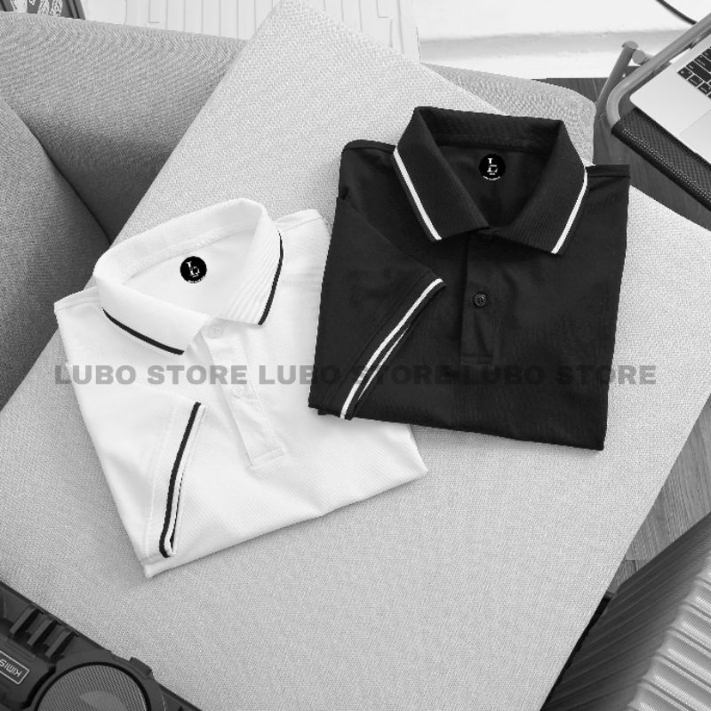 Áo thun nam nữ polo cổ trụ cotton tay ngắn phối sọc 2 màu Trắng/Đen