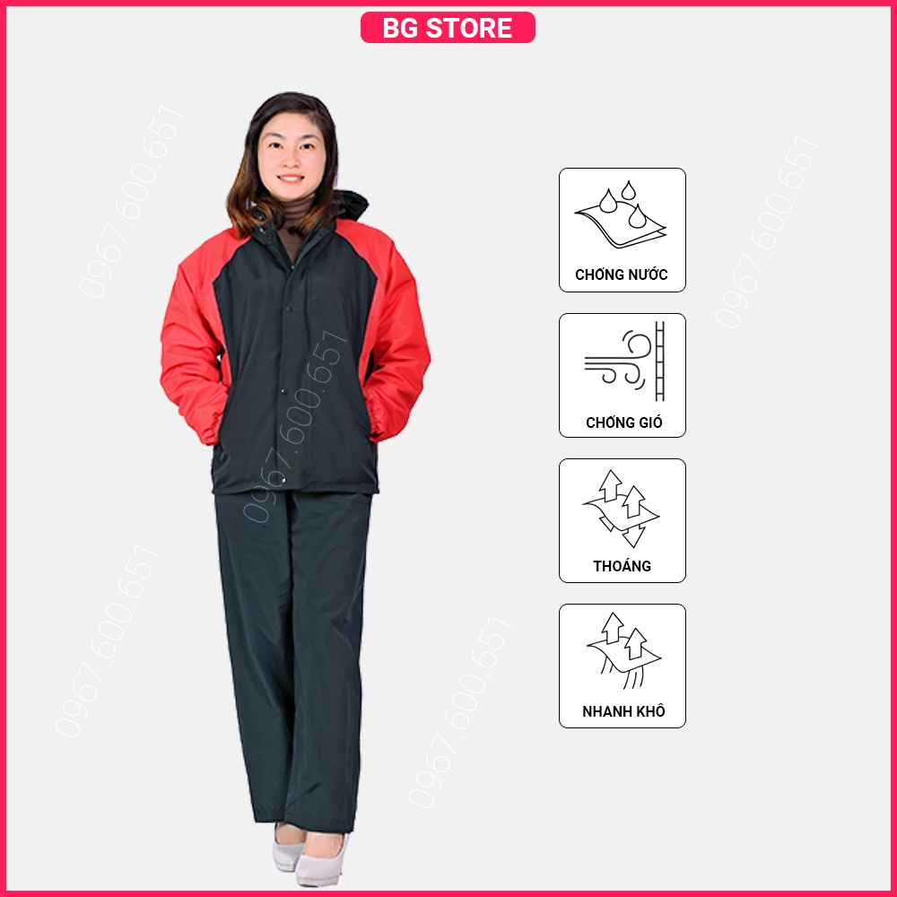 Áo mưa bộ 2 lớp chống thấm tuyệt đối - Phối màu đỏ đen thời trang
