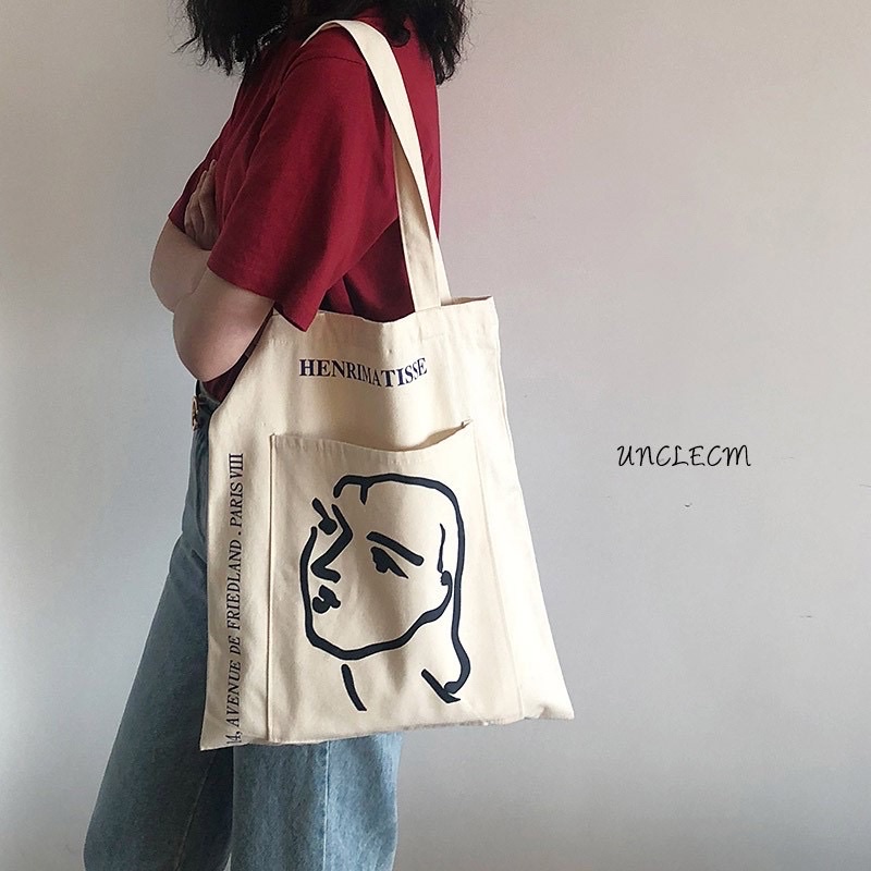 Túi Tote Vải Canvas Đeo Vai Phong Cách Vintage Hình Cô Gái