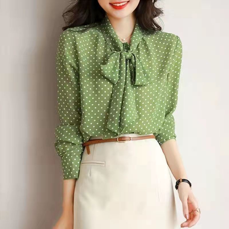 Áo Sơ Mi Chiffon Tay Dài Phối Nút In Họa Tiết Chấm Bi Thanh Lịch Thời Trang Cho Nữ