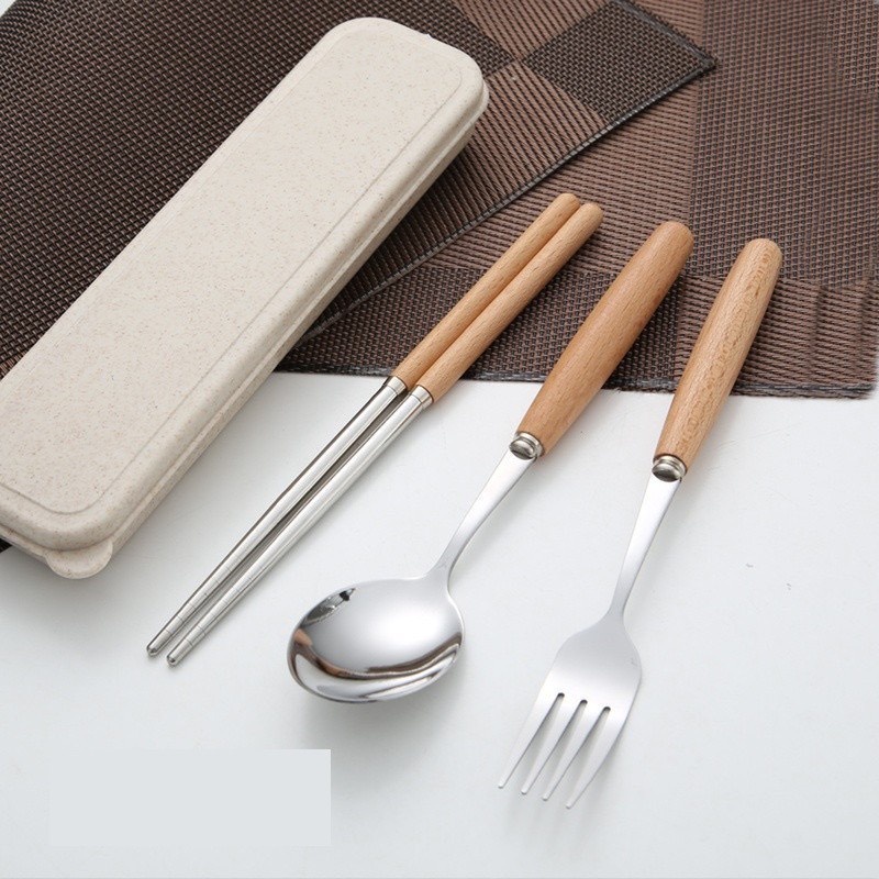 Bộ muỗng, đũa, nĩa inox cán gỗ sồi kèm hộp