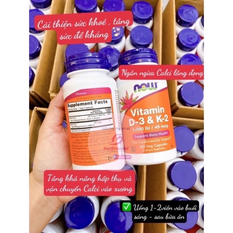 Vitamin D3K2 Now Hỗ Trợ Sức Khoẻ Xương Khớp, Tim Mạch, Huyết áp - BAABEELAND