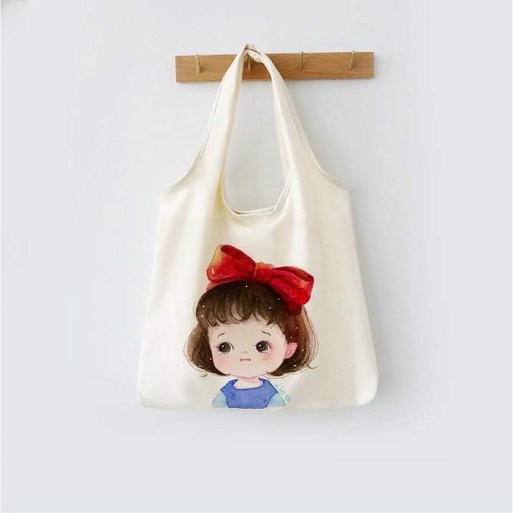 Túi tote canvas cho nữ kiểu mới dây liền phong cách thời trang hàn quốc họa tiết cô bé vừa A4