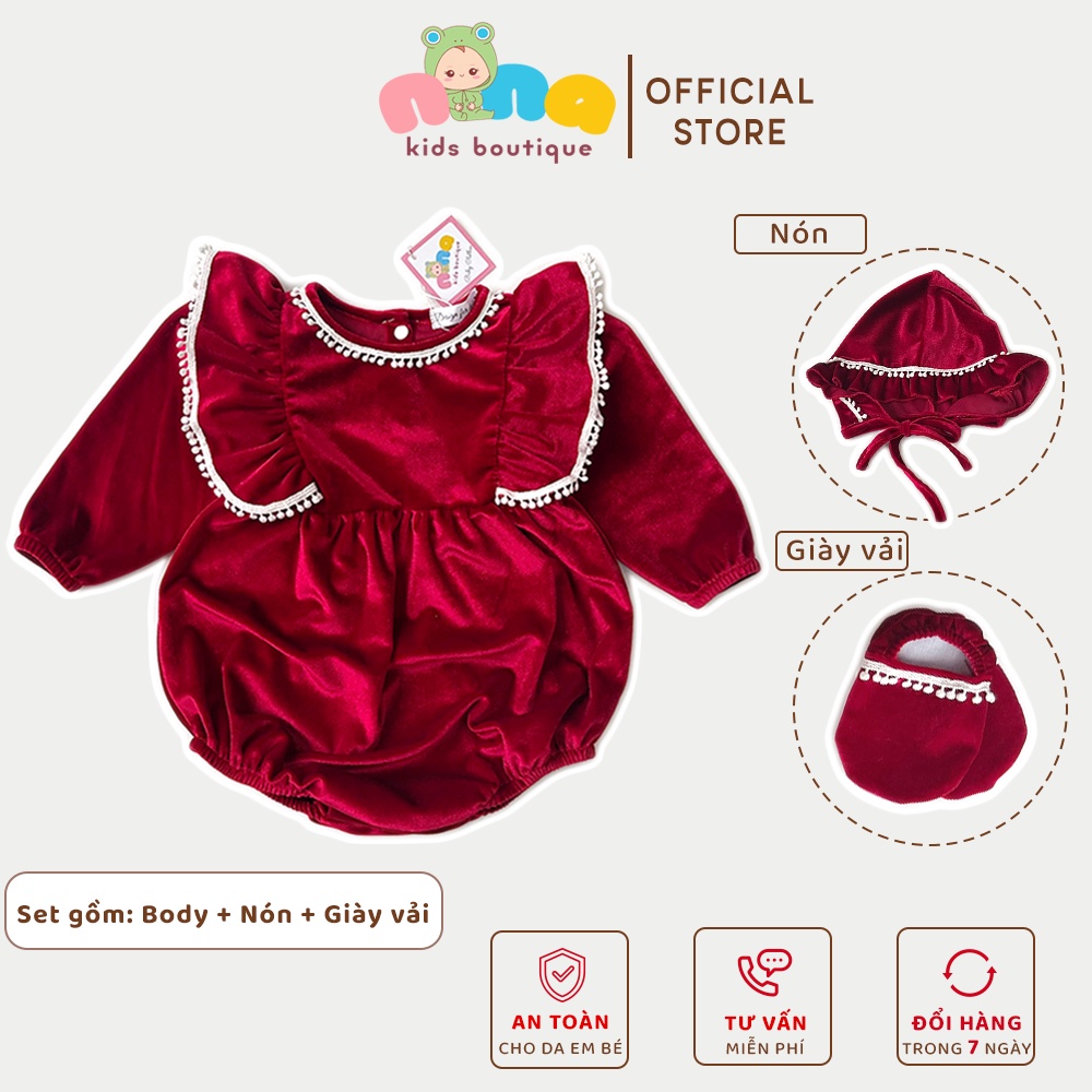 Body sơ sinh bé gái Nina Kids Boutique Đồ em bé Đầy tháng Noel Tết Chất nhung Màu đỏ đô Size 0m 24m Kèm mũ và giày vải