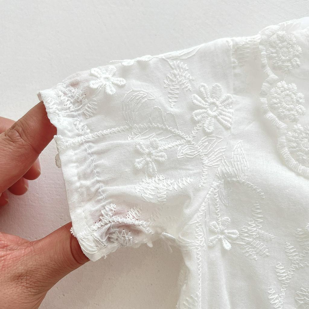 Bộ đầm yếm dáng xòe tay ngắn vải ren phối mũ kiểu công chúa dễ thương cho bé gái