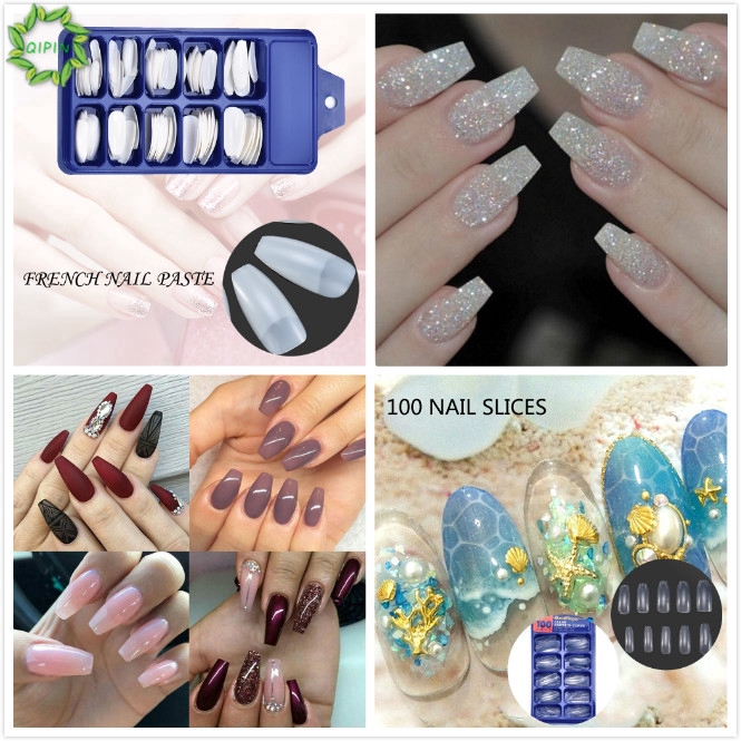 Set 100 móng tay giả trang trí nghệ thuật kiểu Pháp nhiều kiểu tùy chọn