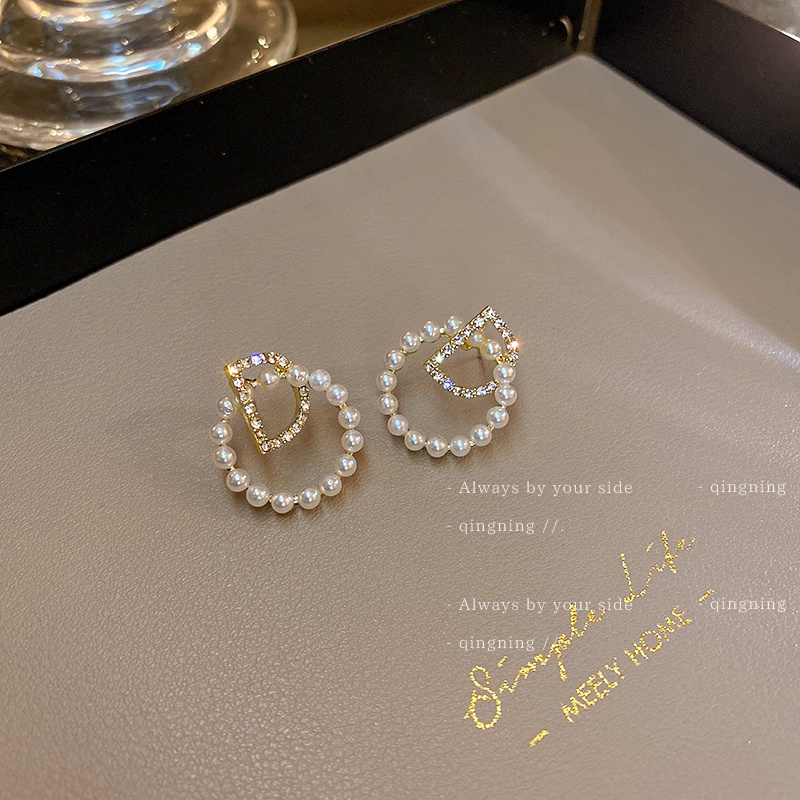 DREJEW Bông Tai Hình Chữ D Đính Ngọc Trai Kim Cương Giả Phong Cách Hàn Quốc Đơn Giản Dễ Phối Đồ