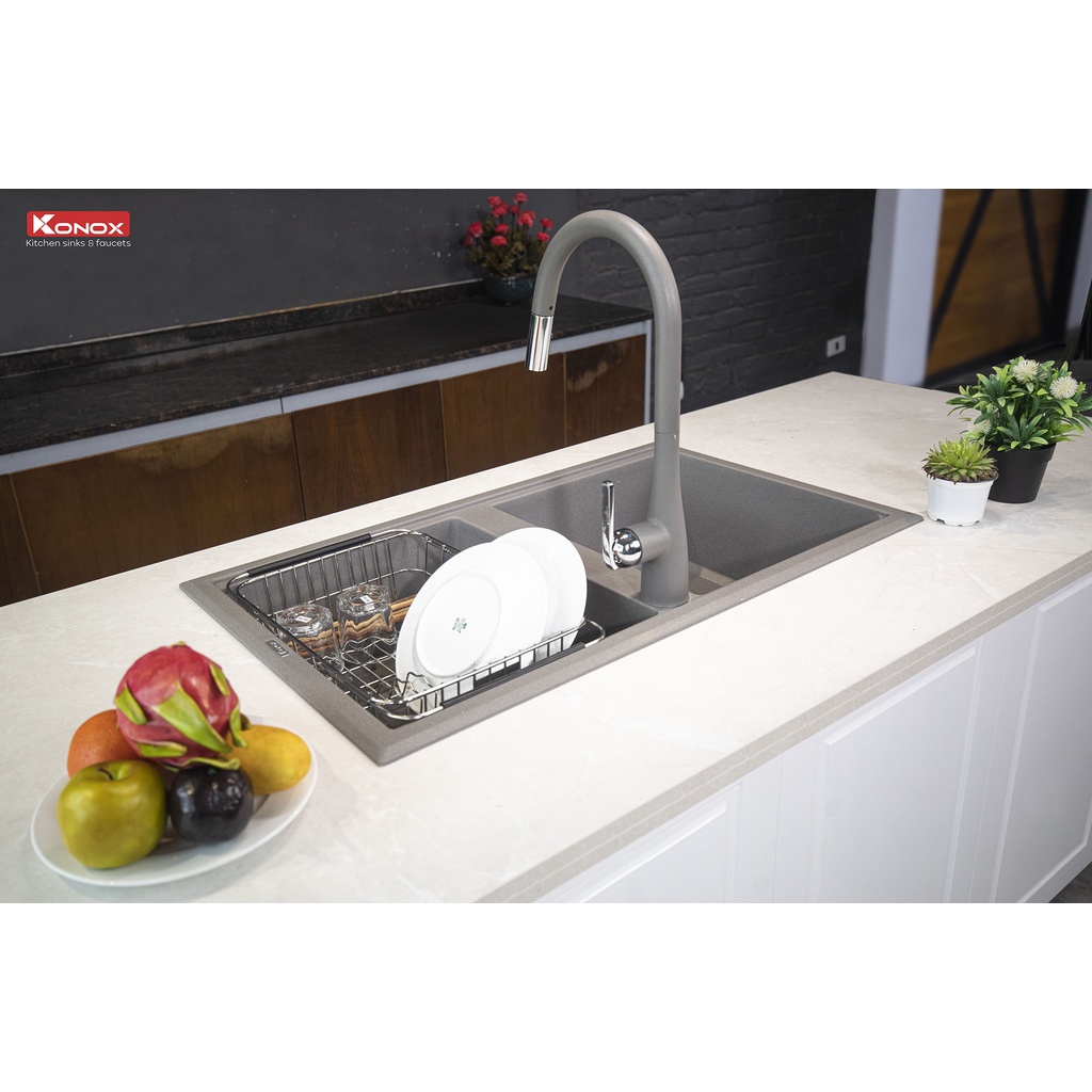 Chậu rửa bát KONOX Granite Series Phoenix 860 Grey, Made in Italy, Full set gồm Siphon + Giá úp bát inox