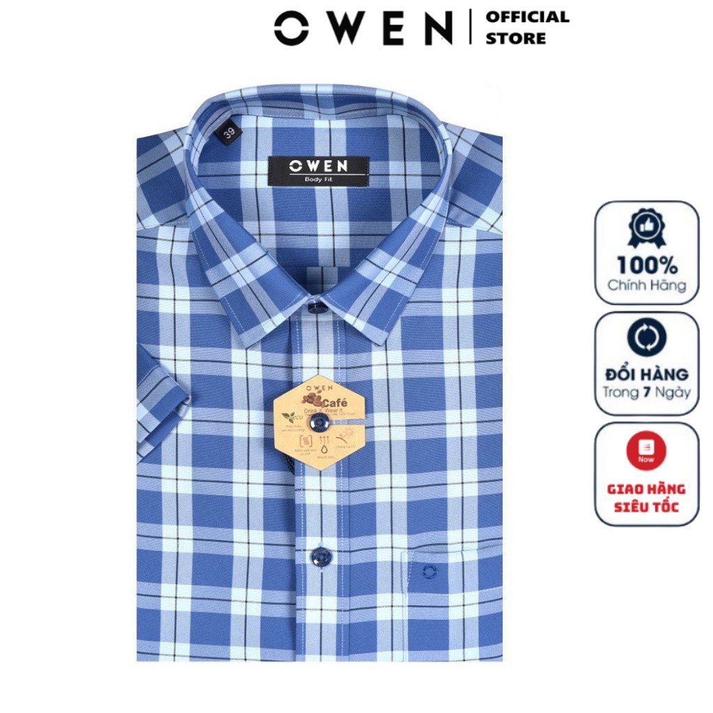 Áo Sơ Mi Nam Ngắn Tay Owen BA22720NT Somi Cộc Tay Công Sở Cao Cấp Xanh Đậm Kẻ Caro To  Chất Cafe Dáng Body Fit Tà Bằng
