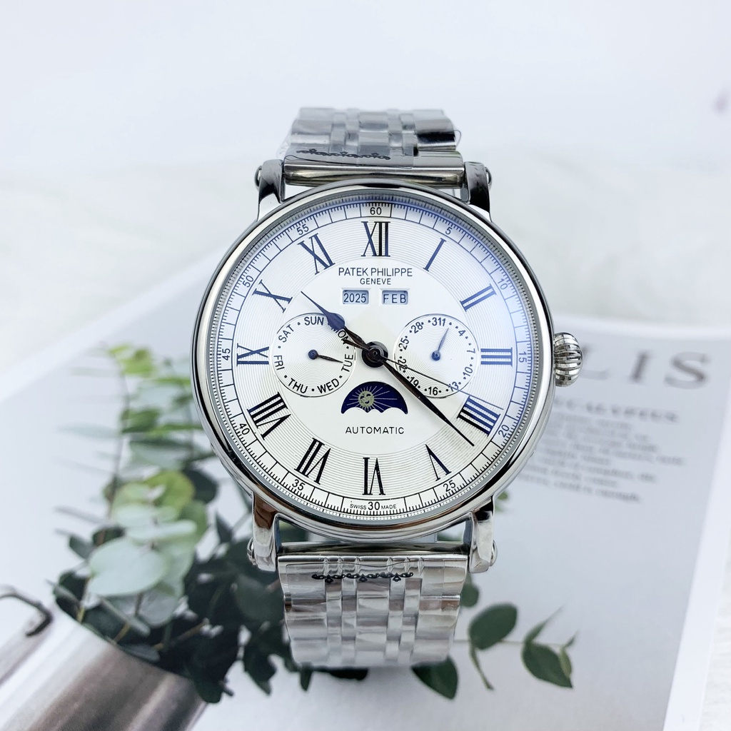 Đồng hồ Nam Patek máy nhật, mẫu Lịch vạn niên mặt trắng viền trắng dây da, dòng cơ Automatic size 41mm-42mm