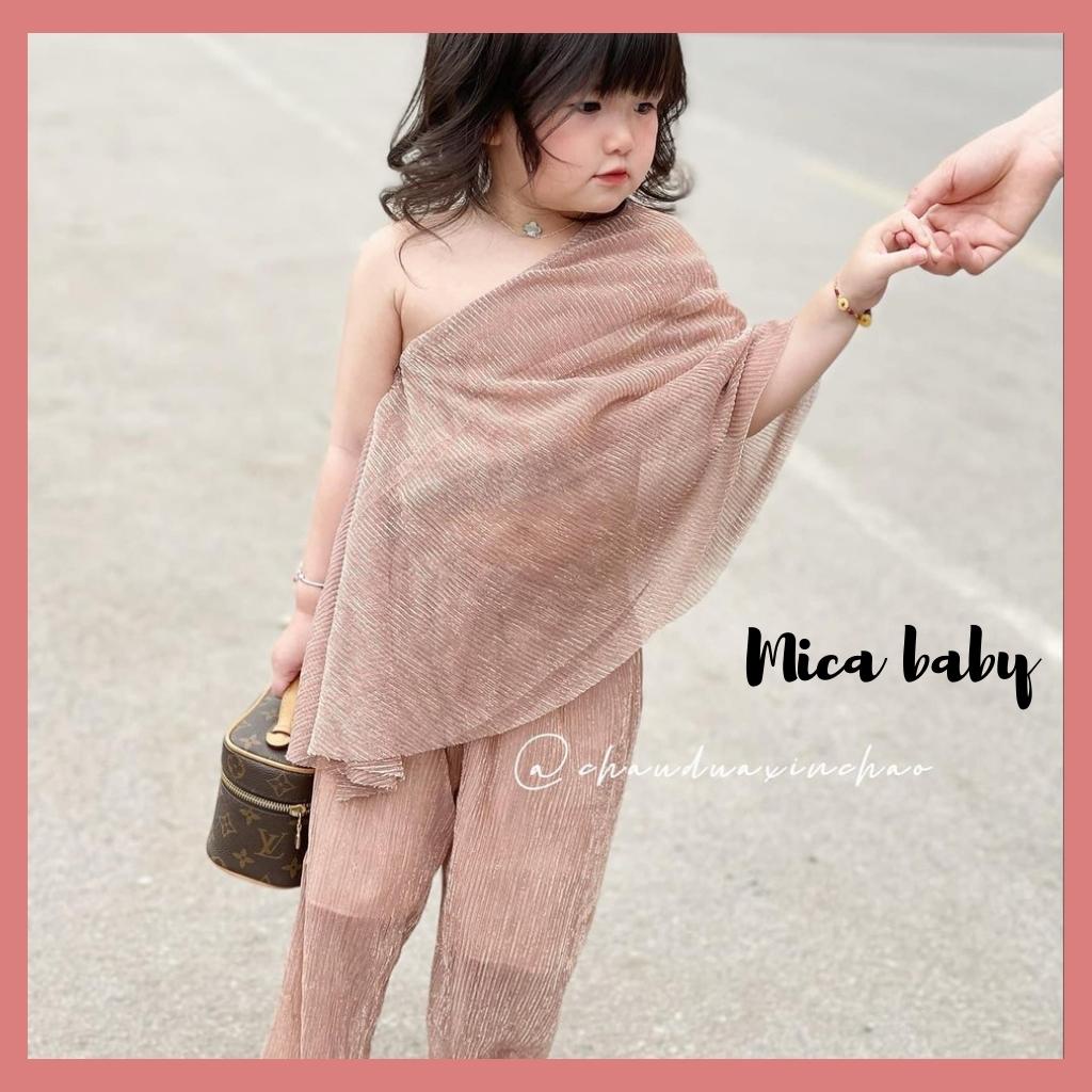 Set quần áo trễ vai vải kim tuyến dập ly cao cấp cho bé Mica baby QA20