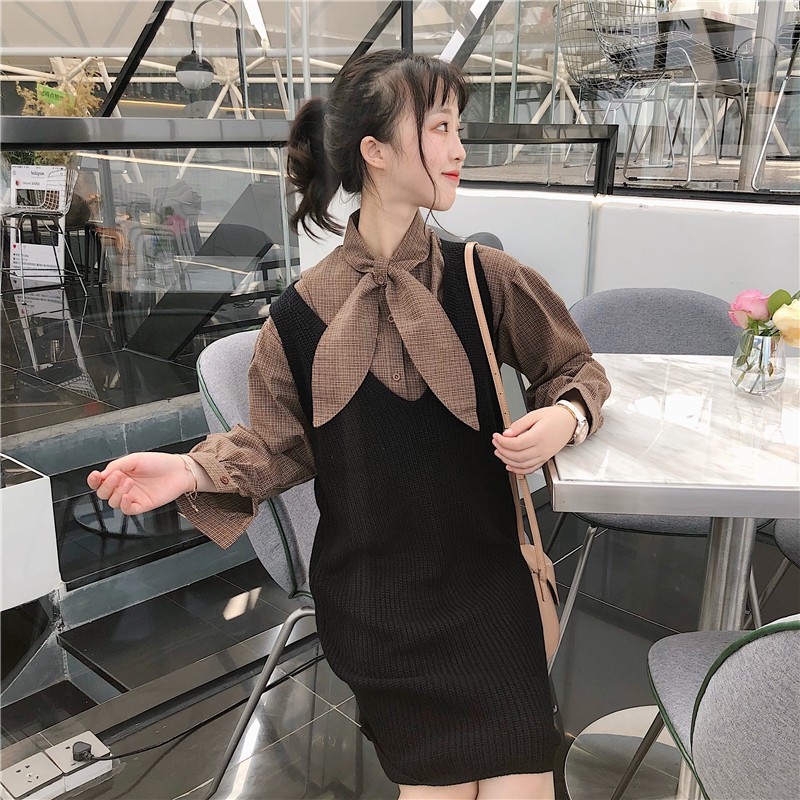 Váy ulzzang kèm áo sơ mi set váy nữ đẹp sơ mi dài tay đầm len gile mỏng áo kiểu dáng hàn quốc